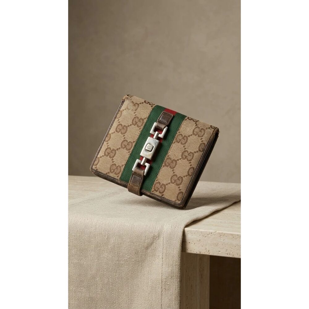 Gucci Wallet Leather Beige/brown GG monogram canvas with green-red-green web str